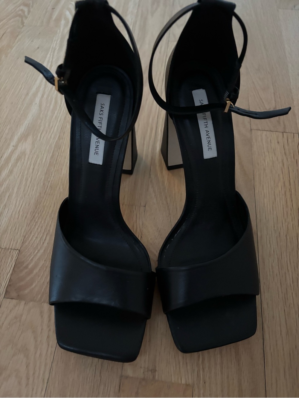 Saks Fifth Avenue Black Square-Toe Ankle-Strap Block Heels